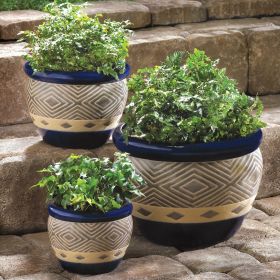 Blue Ceramic Diamond Pattern Planter Set